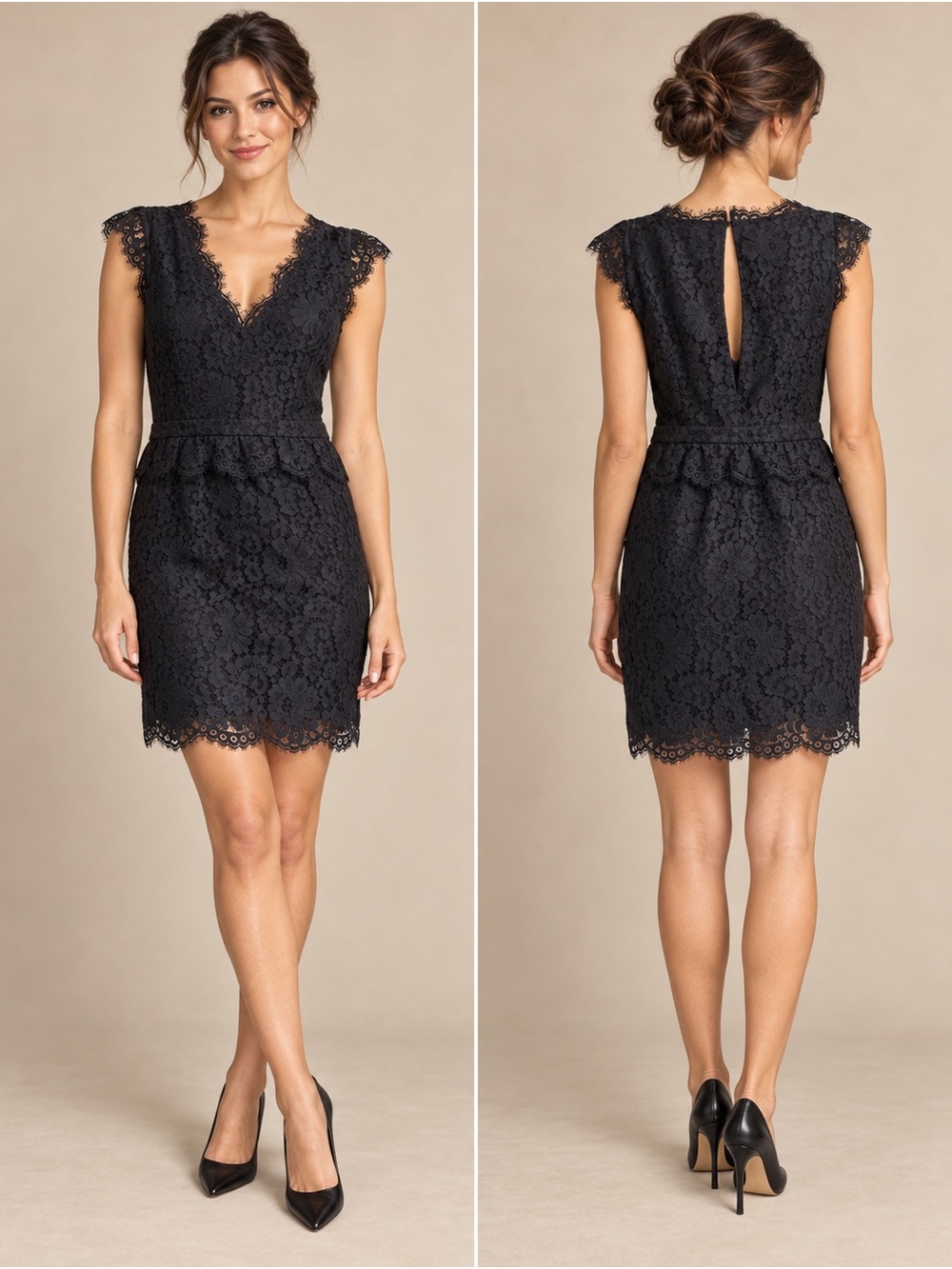 Joie Black Floral Lace Peplum Cocktail Mini Dress M $378